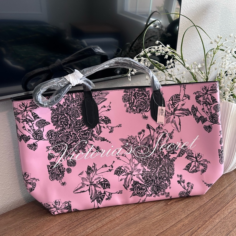 NWT - Victoria's Secret Large Pink and Black Floral Tote - Picture 2 of 4